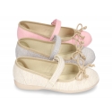 Cotton canvas Ballet flat shoes with hook and loop strap and bow in contrast.