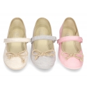 Cotton canvas Ballet flat shoes with hook and loop strap and bow in contrast.