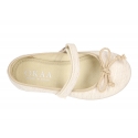 Cotton canvas Ballet flat shoes with hook and loop strap and bow in contrast.