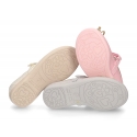 Cotton canvas Ballet flat shoes with hook and loop strap and bow in contrast.