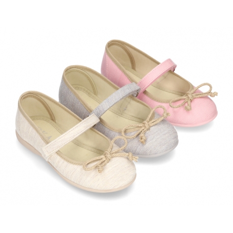 Cotton canvas Ballet flat shoes with hook and loop strap and bow in contrast.