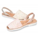 New Menorquina sandals with rear strap in pearl nappa leather with crystals design.