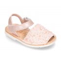 New Menorquinas sandals with velcro strap in pearl nappa leather with crystals design.