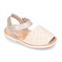 New Menorquinas sandals with velcro strap in pearl nappa leather with crystals design.