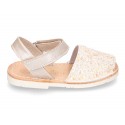 New Menorquinas sandals with velcro strap in pearl nappa leather with crystals design.