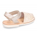 New Menorquinas sandals with velcro strap in pearl nappa leather with crystals design.