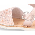 New Menorquinas sandals with velcro strap in pearl nappa leather with crystals design.