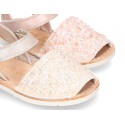 New Menorquinas sandals with velcro strap in pearl nappa leather with crystals design.