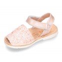 New Menorquinas sandals with velcro strap in pearl nappa leather with crystals design.