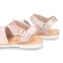 New Menorquinas sandals with velcro strap in pearl nappa leather with crystals design.