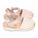 New Menorquinas sandals with velcro strap in pearl nappa leather with crystals design.