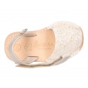 New Menorquinas sandals with velcro strap in pearl nappa leather with crystals design.