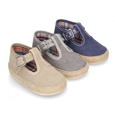 Cotton canvas T-Strap shoes espadrille style for babies.