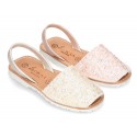 New Menorquina sandals with rear strap in pearl nappa leather with crystals design.