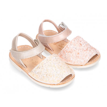 New Menorquinas sandals with velcro strap in pearl nappa leather with crystals design.