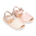 New Menorquinas sandals with velcro strap in pearl nappa leather with crystals design.