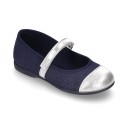 LINEN cotton canvas little Mary Janes with metal toe cap.