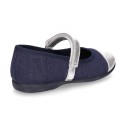 LINEN cotton canvas little Mary Janes with metal toe cap.