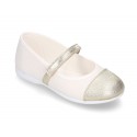 LINEN cotton canvas little Mary Janes with metal toe cap.