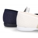 LINEN cotton canvas little Mary Janes with metal toe cap.