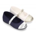 LINEN cotton canvas little Mary Janes with metal toe cap.