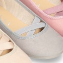 New spring summer canvas ballet flats dancer style with elastic crossed bands.