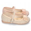 New Linen canvas little OKAA Mary Jane shoes with buckle fastening and big bow.