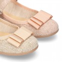 New Linen canvas little OKAA Mary Jane shoes with buckle fastening and big bow.