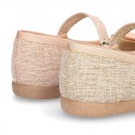 New Linen canvas little OKAA Mary Jane shoes with buckle fastening and big bow.