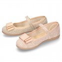 New Linen canvas little OKAA Mary Jane shoes with buckle fastening and big bow.