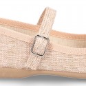 New Linen canvas little OKAA Mary Jane shoes with buckle fastening and big bow.