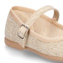 New Linen canvas little OKAA Mary Jane shoes with buckle fastening and big bow.