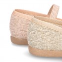 New Linen canvas little OKAA Mary Jane shoes with buckle fastening and big bow.