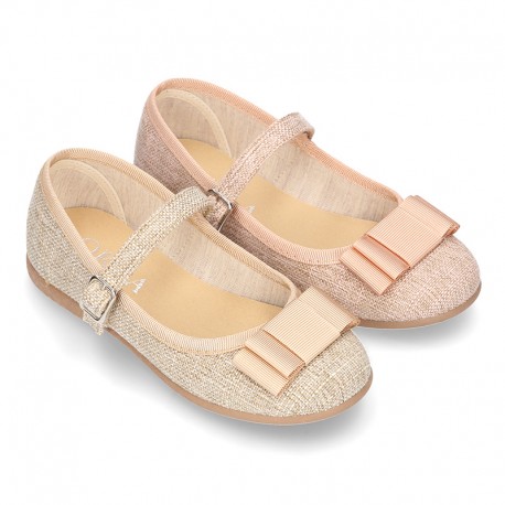 New Linen canvas little OKAA Mary Jane shoes with buckle fastening and big bow.