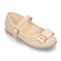 New Linen canvas little OKAA Mary Jane shoes with buckle fastening and big bow.