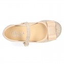 New Linen canvas little OKAA Mary Jane shoes with buckle fastening and big bow.