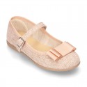 New Linen canvas little OKAA Mary Jane shoes with buckle fastening and big bow.