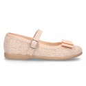 New Linen canvas little OKAA Mary Jane shoes with buckle fastening and big bow.