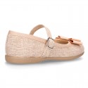 New Linen canvas little OKAA Mary Jane shoes with buckle fastening and big bow.