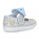 Cotton canvas Little Mary Janes with velcro strap and english print.