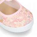 Cotton canvas Little Mary Janes with velcro strap and english print.