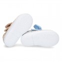 Cotton canvas Little Mary Janes with velcro strap and english print.