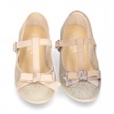 T-strap little mary Jane shoes with buckle fastening in metal finish canvas.