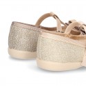 T-strap little mary Jane shoes with buckle fastening in metal finish canvas.