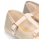 T-strap little mary Jane shoes with buckle fastening in metal finish canvas.