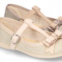 T-strap little mary Jane shoes with buckle fastening in metal finish canvas.