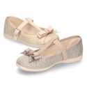 T-strap little mary Jane shoes with buckle fastening in metal finish canvas.