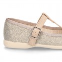 T-strap little mary Jane shoes with buckle fastening in metal finish canvas.