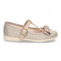 T-strap little mary Jane shoes with buckle fastening in metal finish canvas.