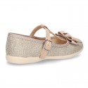 T-strap little mary Jane shoes with buckle fastening in metal finish canvas.